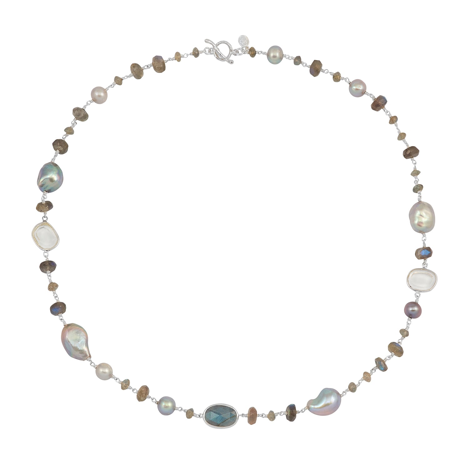 Mixed Gemstone & Dove Grey Pearl Array Necklace