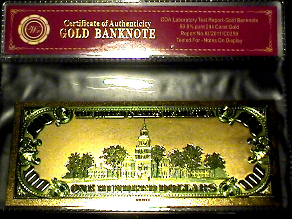 99 9% 24K GOLD 1928 $100 GOLD CERTIFICATE BILL US BANKNOTE IN PVC W CO