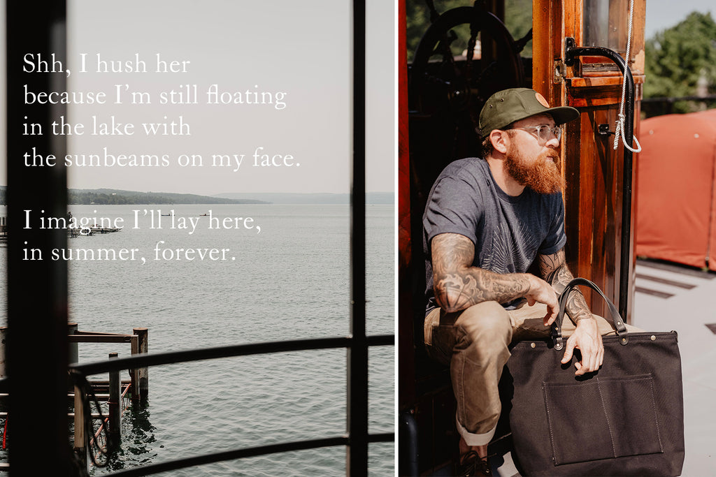 Boat ride with The Local Branch Boat Tote, Camp Hat and Westward Tee, model sitting near Captain's Seat