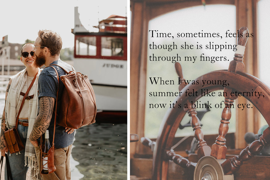 A couple wearing The Crossroads Backpack by The Local Branch and a Captain's steering wheel on a boat