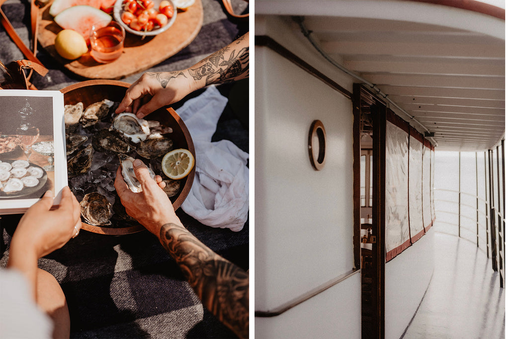 Overhead shot of oysters and Oysters the book alongside The Judge Ben Wiles Boat