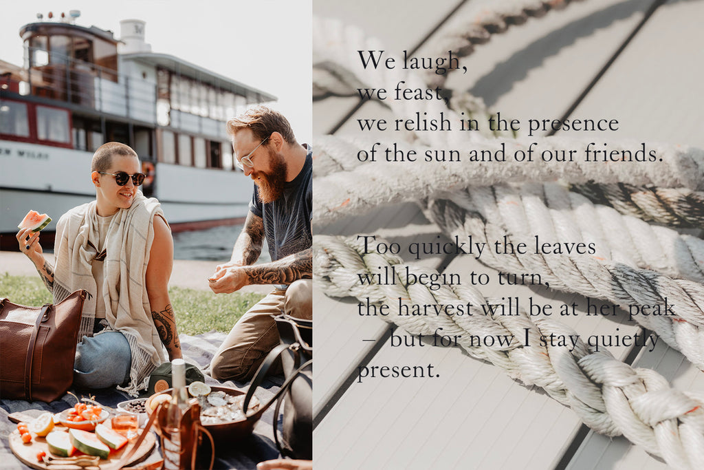 Picnic scene near Skaneateles Lake next to image of boat ropes with text