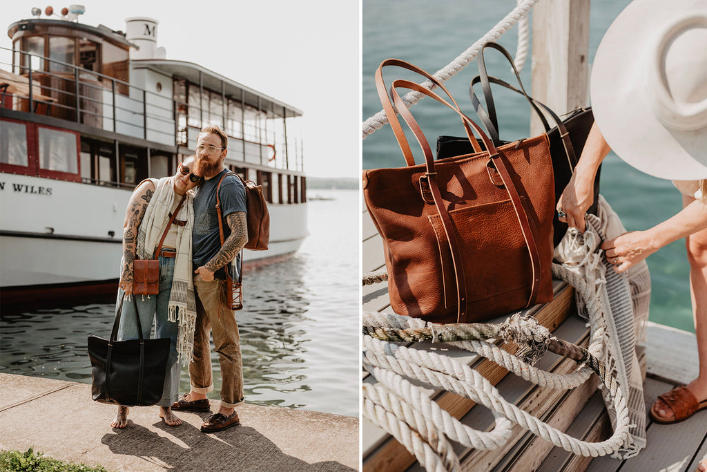 Caravan Bags and Navigator Satchels made by The Local Branch in front of The Judge Ben Wiles Boat on Skaneateles Lake