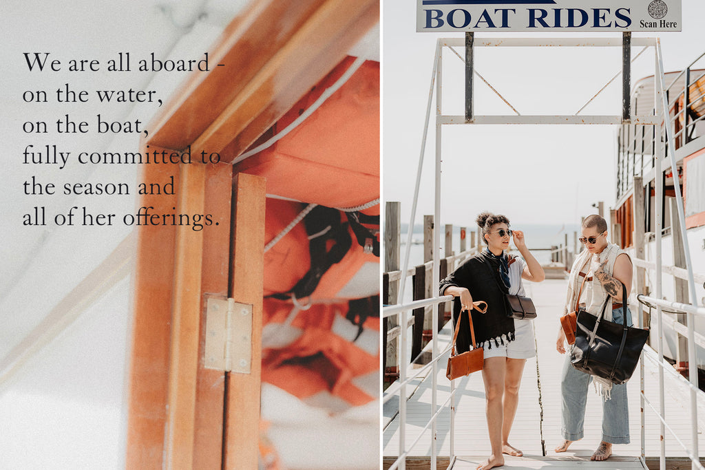 Friends onboarding a boat with leather bags by The Local Branch next to an image of life jackets with text