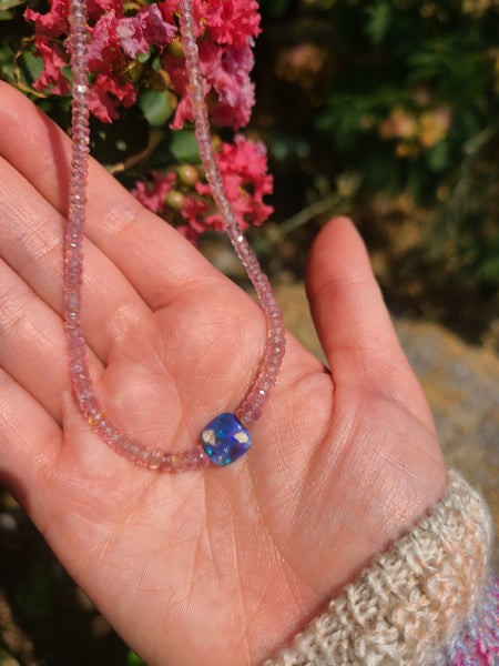 Pink Sapphire and Black Australian Opal Beaded Necklace - Seconds