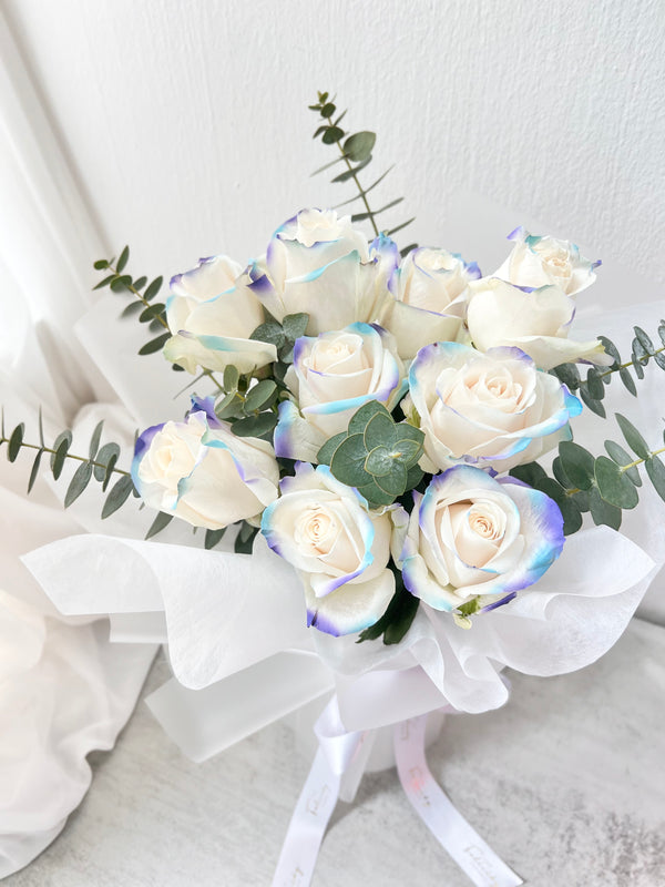 White Rose with Thin Navy and White Ribbon BC – Royal Flowers and Gallery