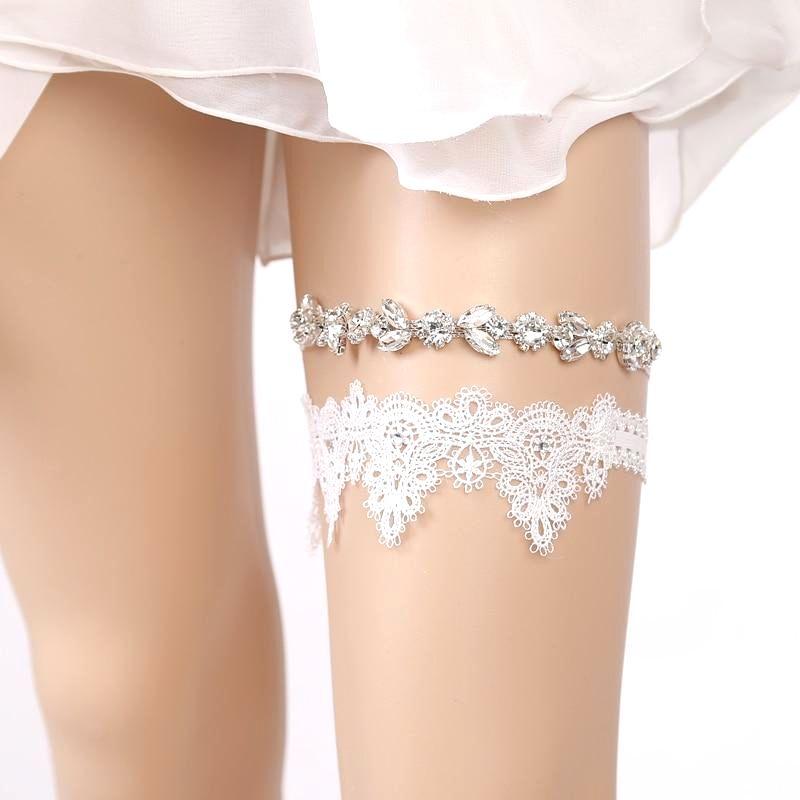 Jarretiere Mariage Dentelle Noeud Perles Ruban Blanc