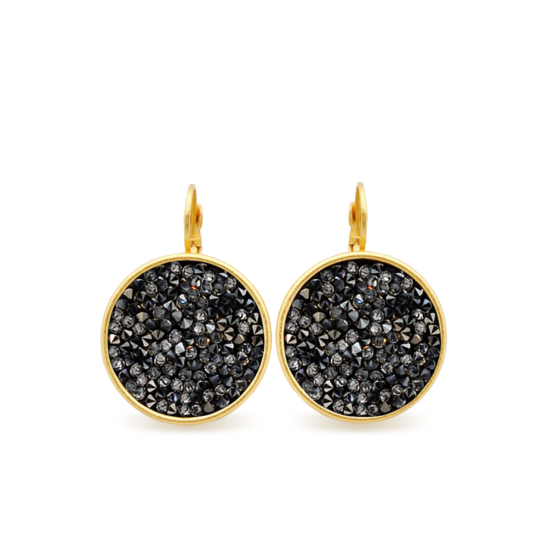 Gold crystal rock disc earrings with grey crystals