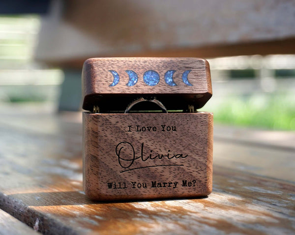 Moon Phase Slim Wooden Ring Bearer Box  for Engagement Proposal