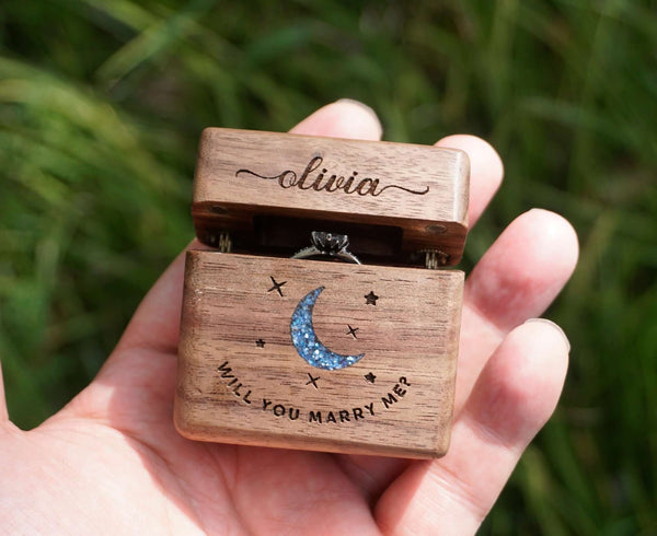 Moon & Star Slim Wooden Ring Bearer Box for Engagement Proposal