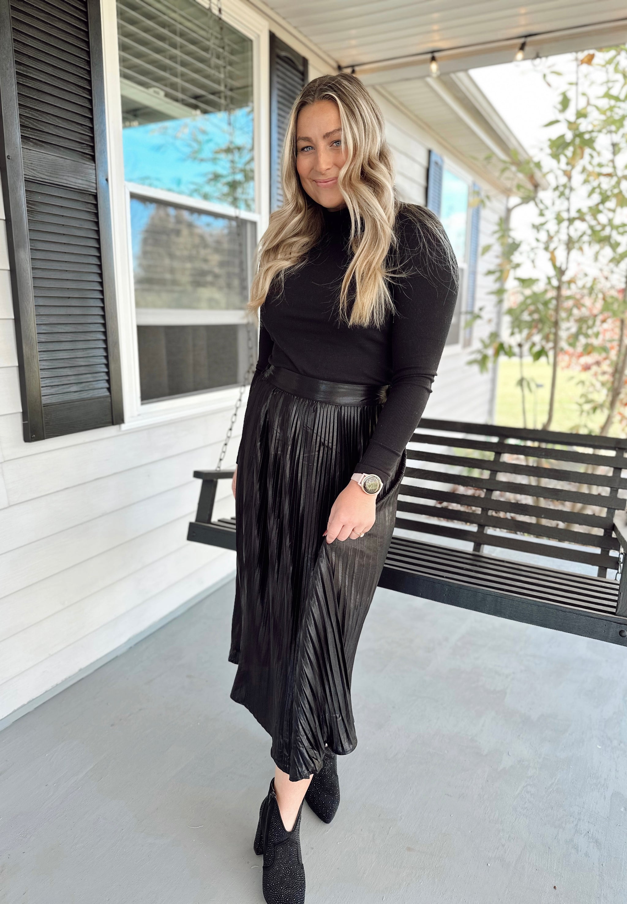 Bringing The Fun Black Pleated Midi Skirt - Sweet Threadz