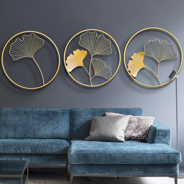 Wall Hanging Round Metal Decor Golden Leaves in Circle | Smartishhouse