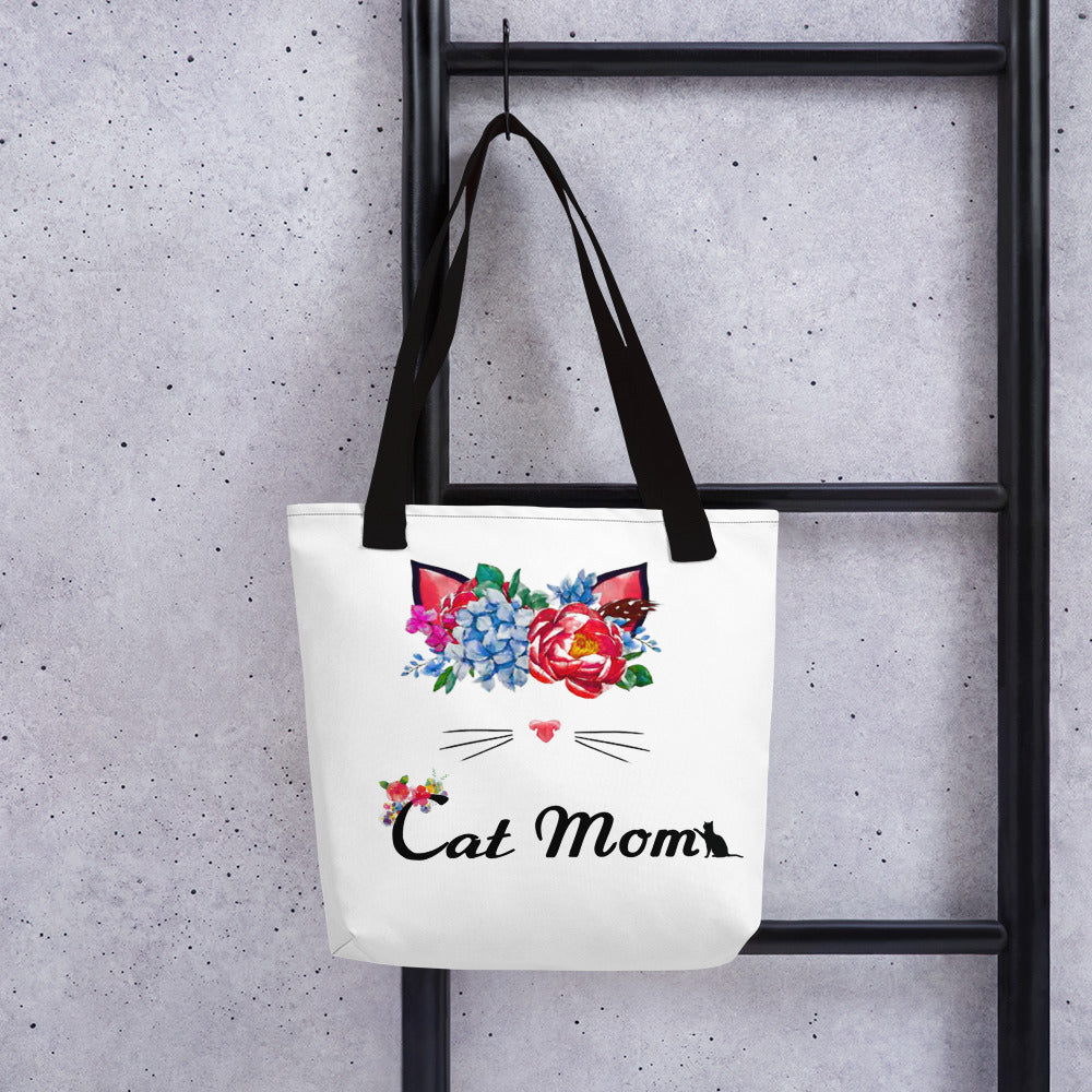 cat wearing flower crown with cat mom text tote bag