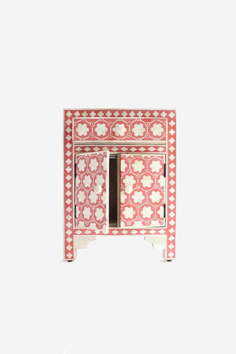 Mango Wood Bedside Table In Coral Shade And Handcrafted Design