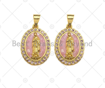 Mary Pink Mother-of-pearl Inlay Oval Pendant, Cubic Zirconia Pendant, Gold Pink Tone, Reglious charm, 15x22mm, Sku#LK71