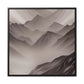 Black floating framed gallery wrapped canvas of black and white abstract misty foggy mountain in charcoal