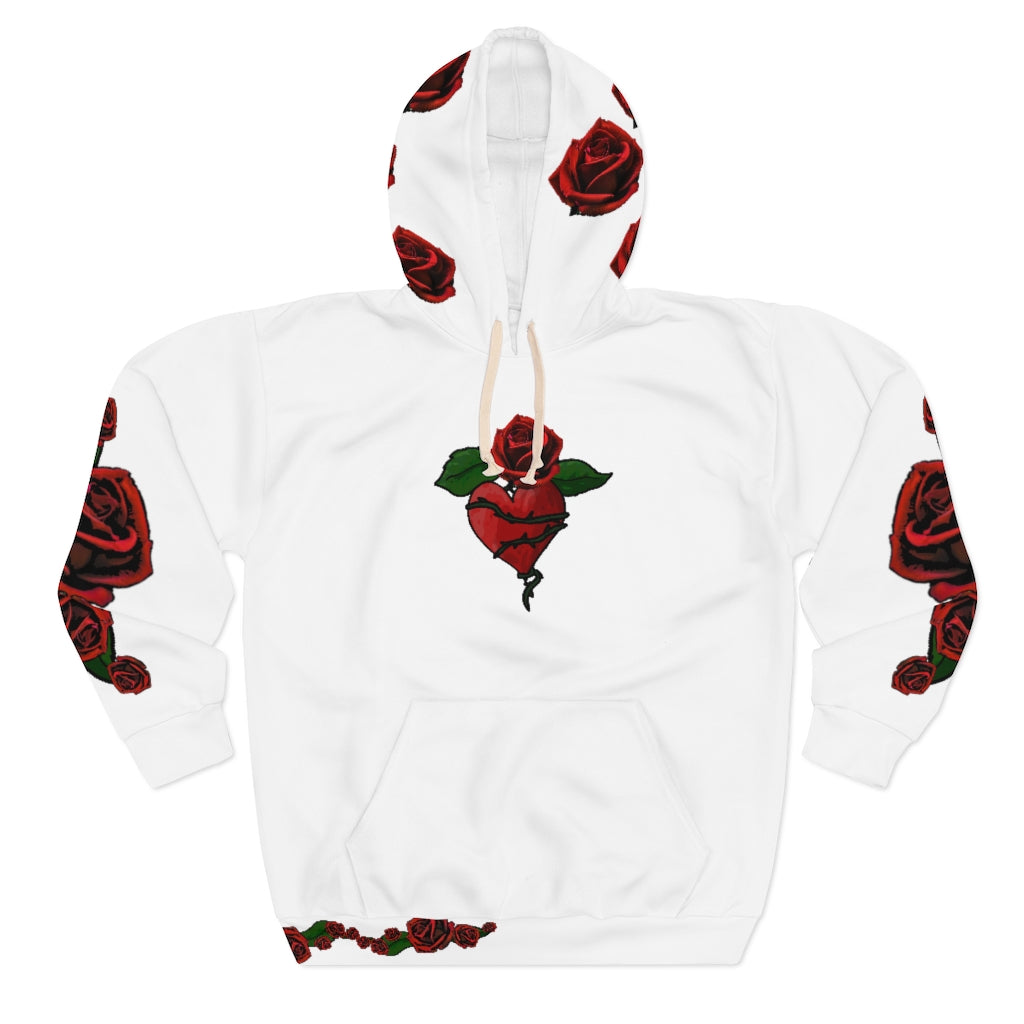 white hoodie with red roses