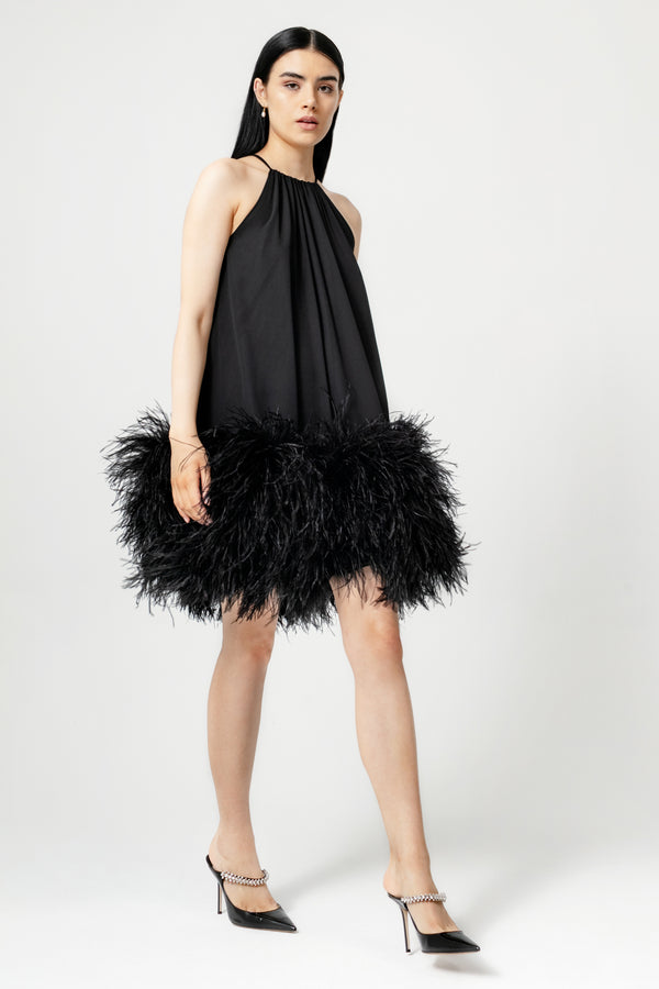 Jewel Neck Feather Trim Dress – Catherine Regehr