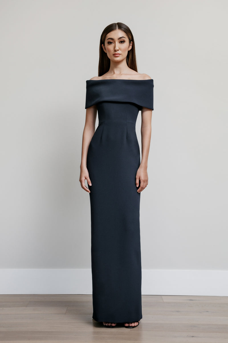 Off Shoulder Roll Collar Gown – Catherine Regehr