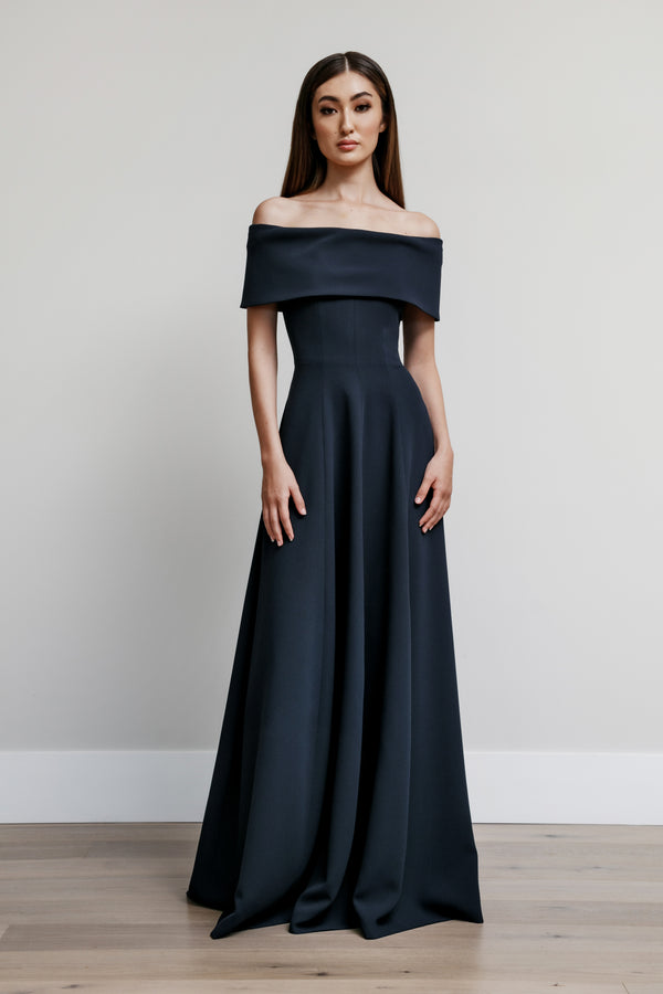 Off Shoulder Roll Collar Gown – Catherine Regehr