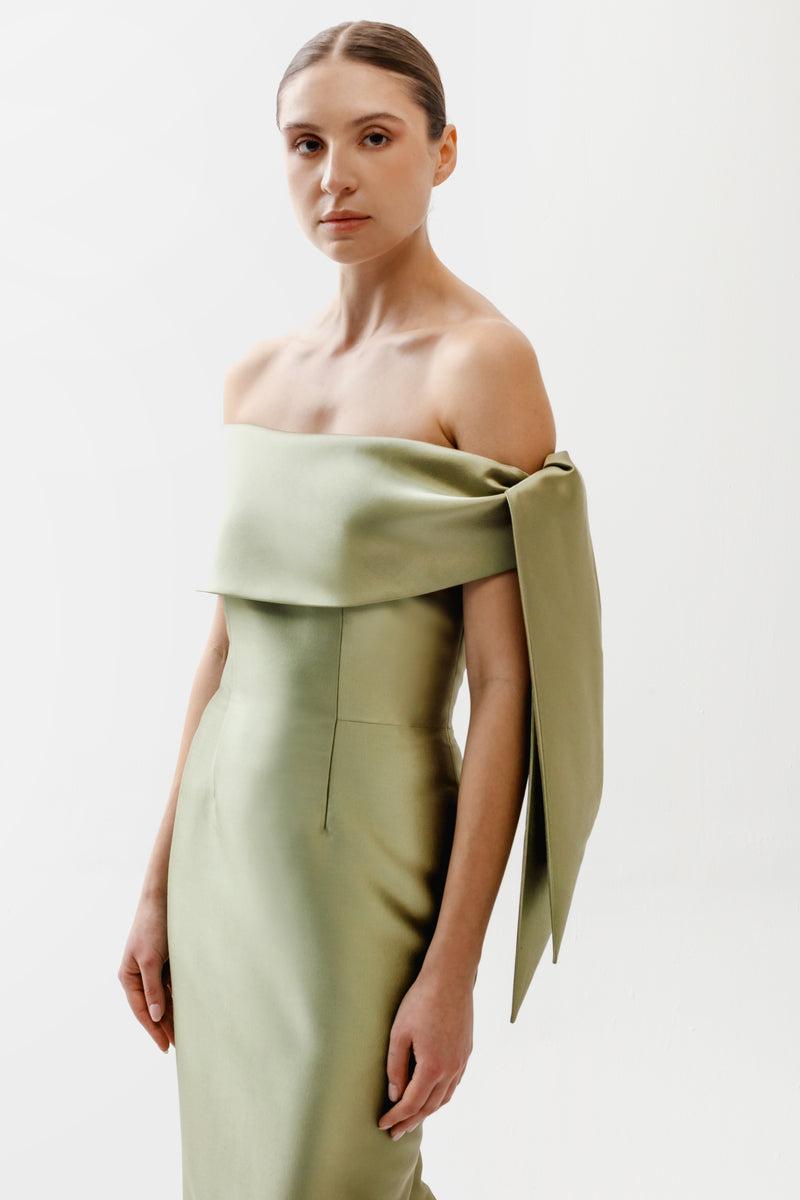 Off Shoulder Draped Tie Gown – Catherine Regehr