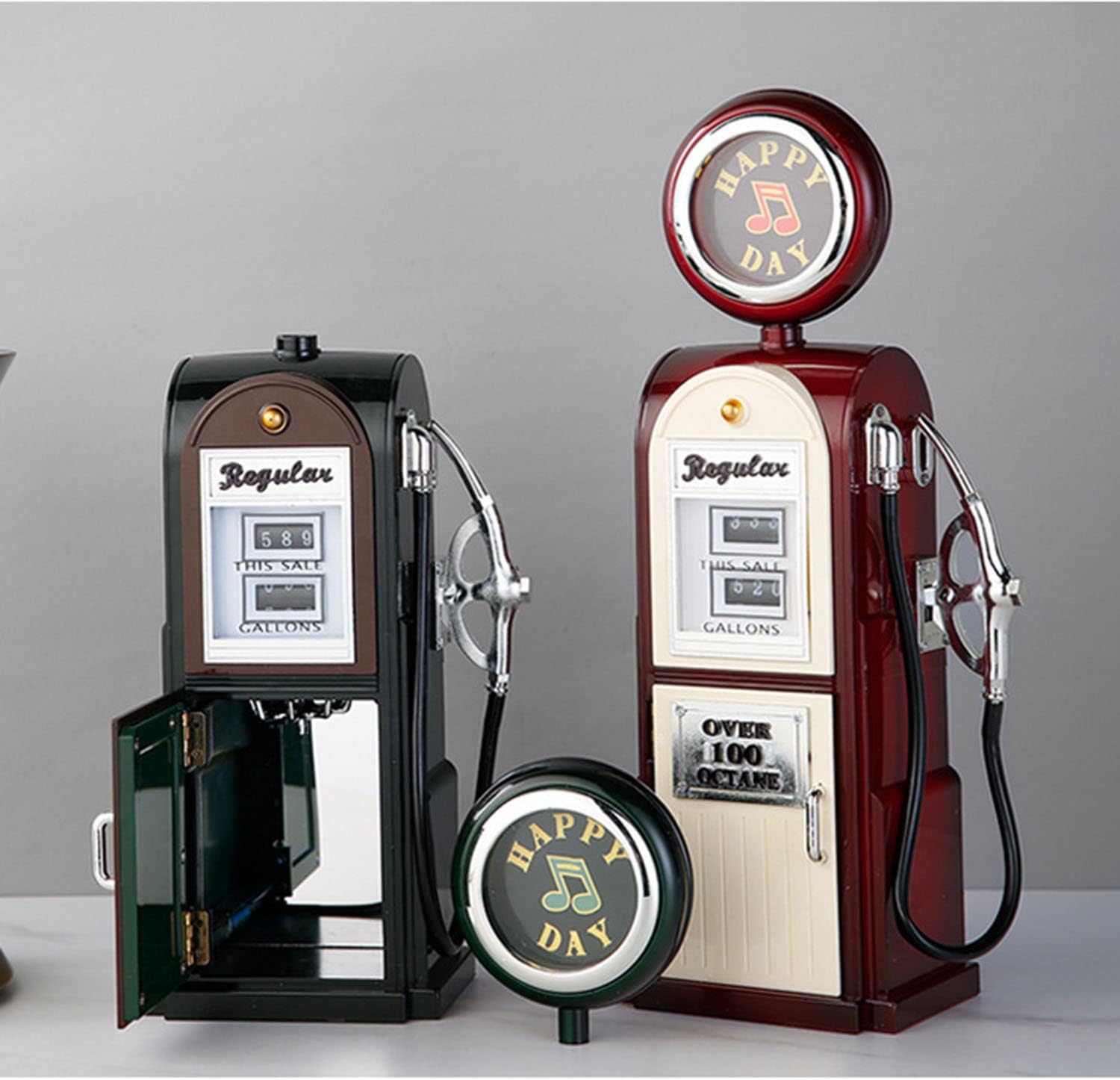 Cutie muzicala mecanica în forma de pompa de benzina retro din SUA, cu spatiu de depozitare, ornament personalizat.