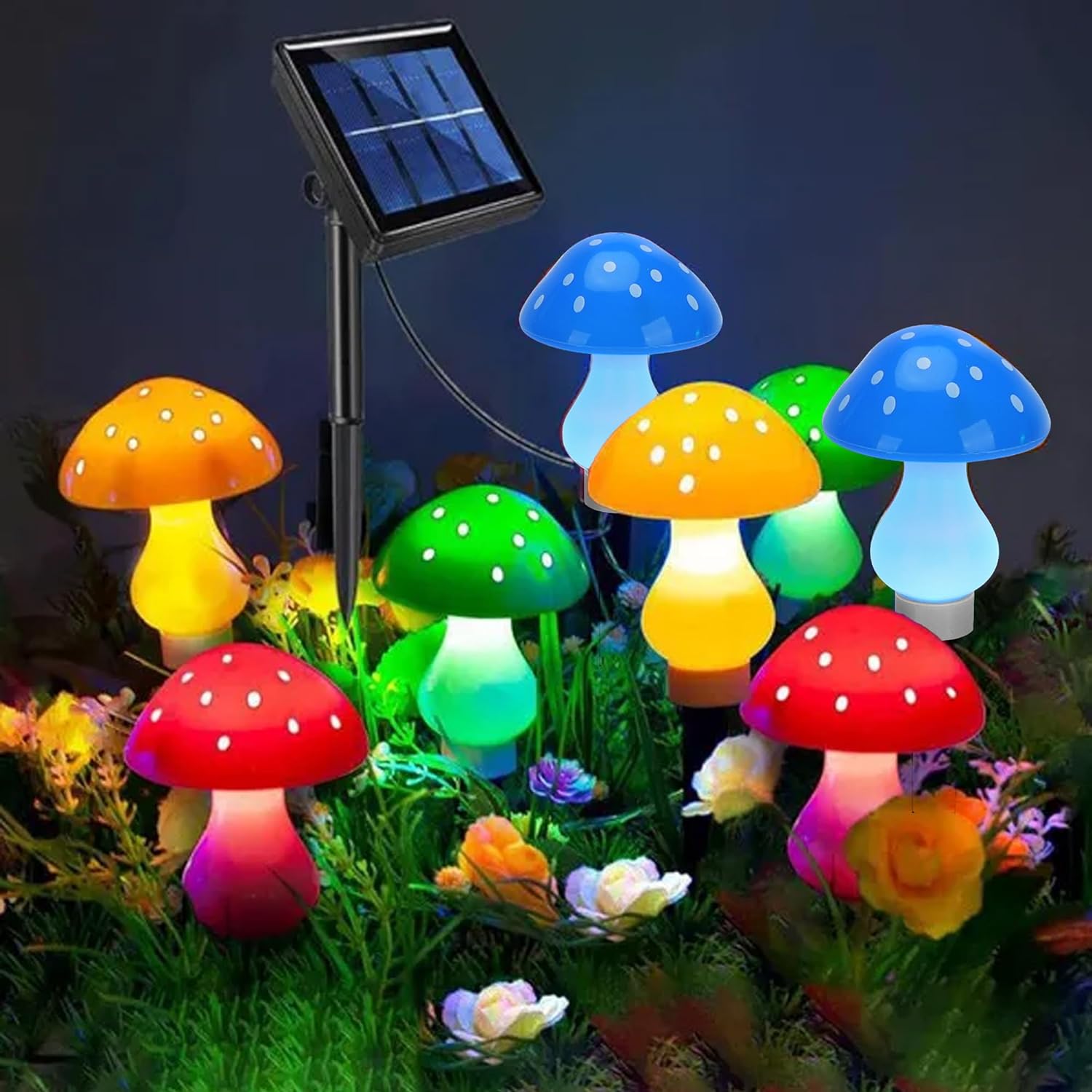Set 6 lampi solare de gradina in forma de ciuperci, plastic, IP66, lumina alb calda