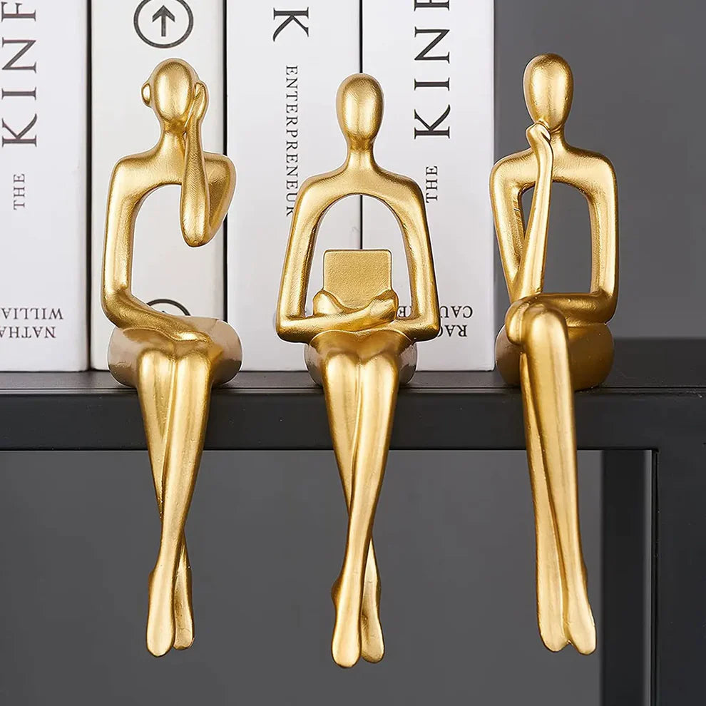 Set 3 statuete decorative aurii din rasina, siluete ganditoare Golden Muse