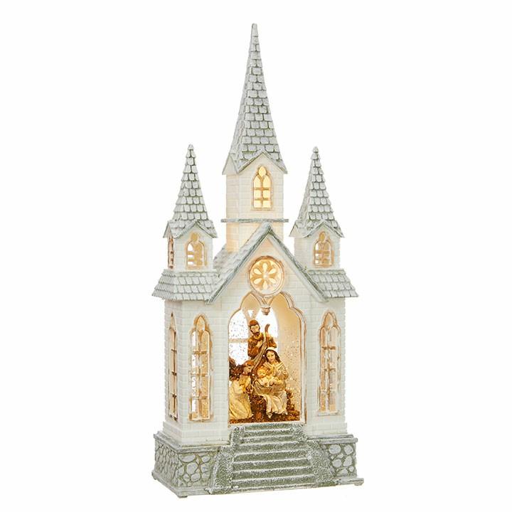 Decoratiune de Craciun Biserica cu scena Nasterii Domnului in apa, cu muzica si lumini, 17 x 41cm,baterii și 220w