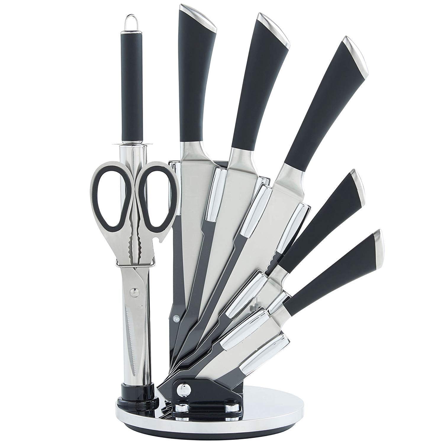 Set cutite bucatarie Priority Chef cu foarfeca, pila si suport, otel inoxidabil, 8 piese