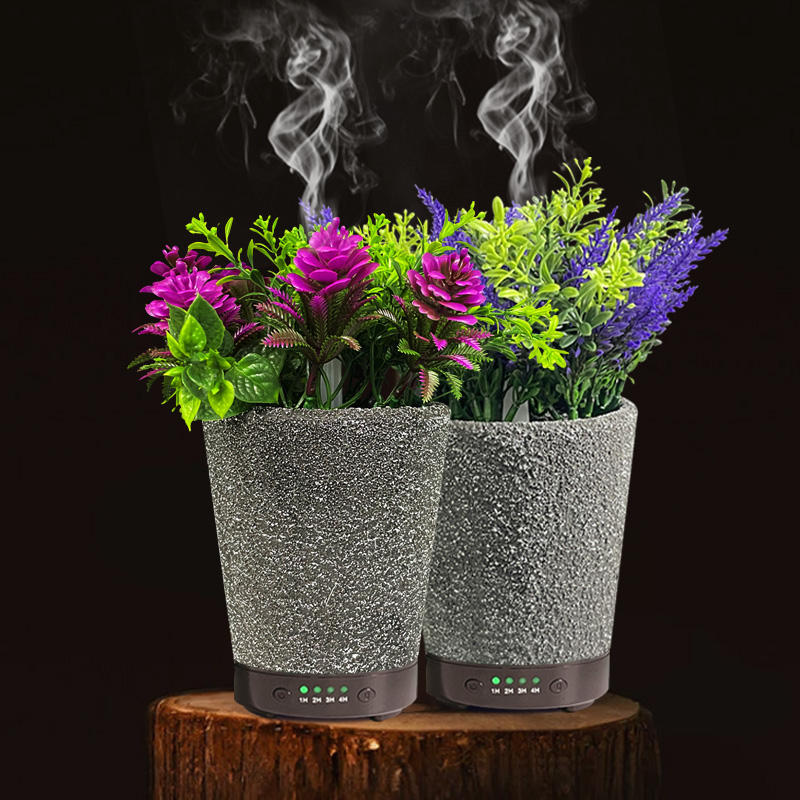 Umidificator/Difuzor aromaterapie in forma de ghiveci cu flori, 7 culori programabil, oprire automata