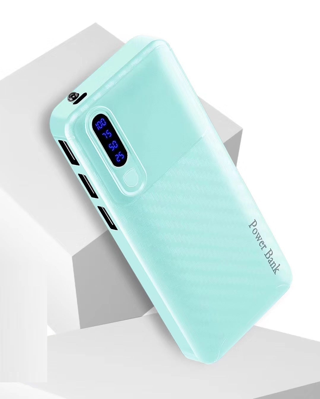 Baterie externa 30000 mAh, 3 port USB si lanterna, carbon look