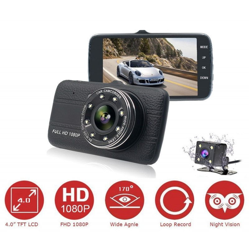 Camera Video Auto Novatek T800 Dubla, 8 Led-Uri Nightvision, FullHD 12MPx si display 4"