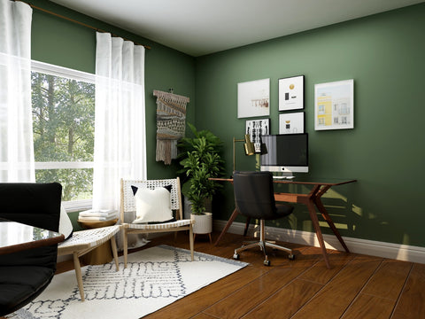 home office with green walls and contemporary interior design