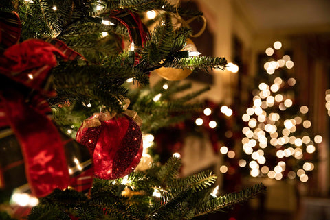 christmas led lights on christmas tree with red ornaments