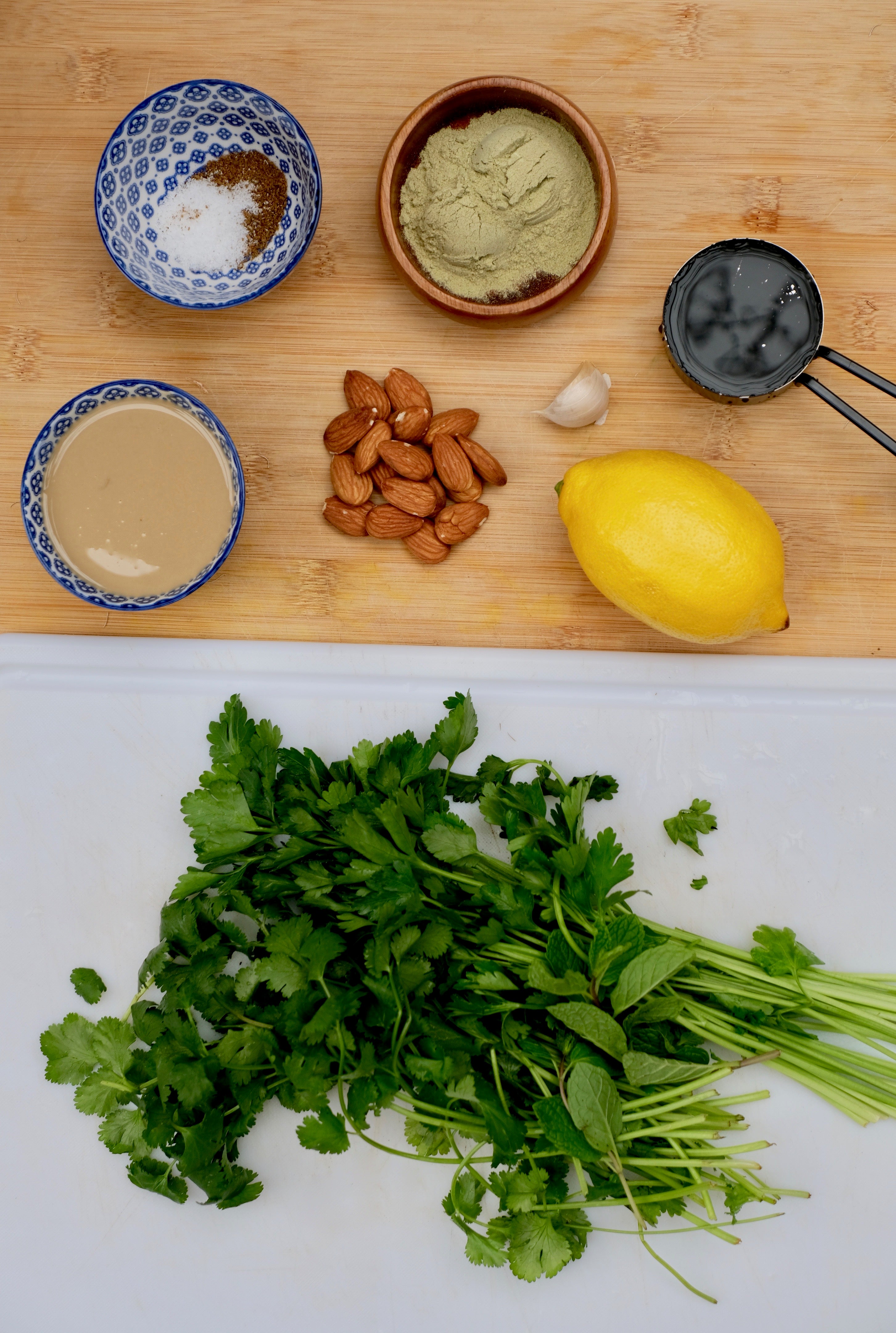 tahini, herbs, salt, cumin, oil for lemon herb tahini recipe