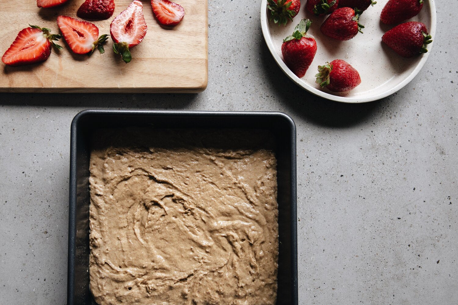 Blend Raw in Pan Strawberries on Dish and Cuttingboard