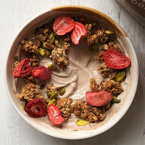 Third Image of the Yogurt Bowl, with Tejari Cacao Mixed with Granola and Strawberries
