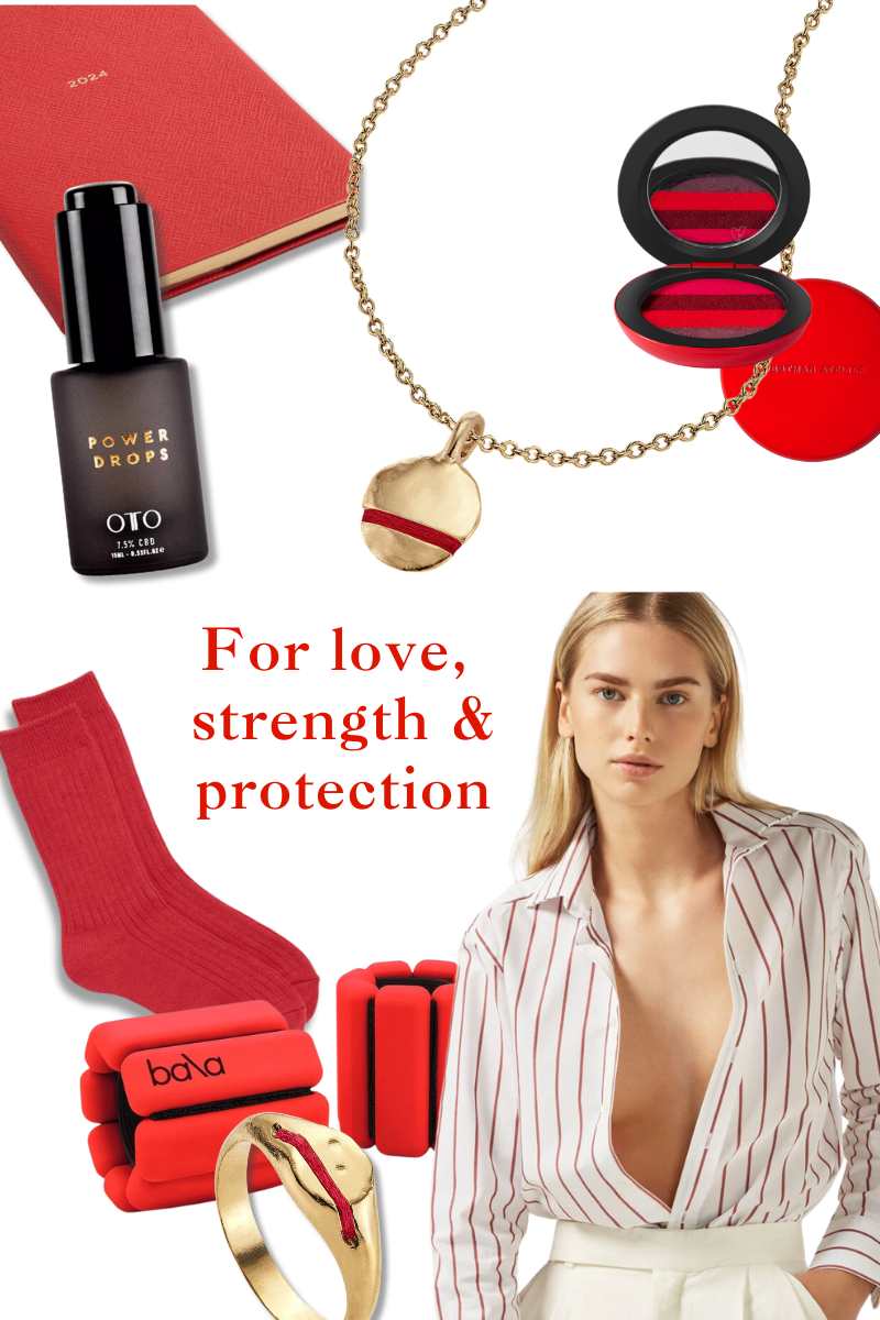 THousand Fibres Jewellery Christmas Gift Guide Ruby-Red - for strength, love and protection featuring gold necklace and ring with a single wraparound red thread, smythson diary, with nothing underneath red and white stripe shirt, red bala bands, westman atelier lip palette and uniqlo red socks