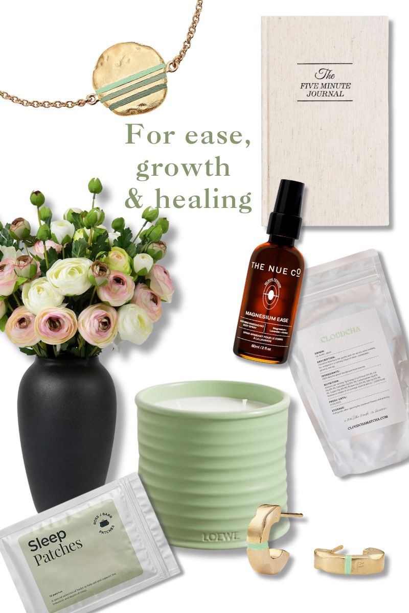 Christmas Gift Guide featuring a range of pale green products for healing, ease, growth -