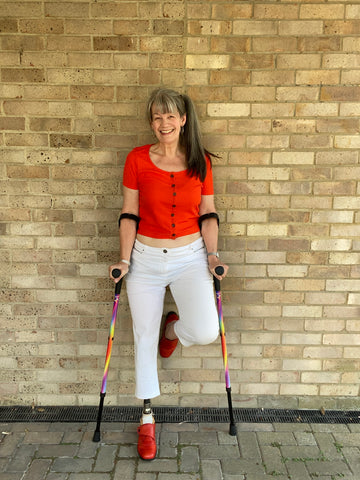 Nancy Harris Models on Rainbow Cool Crutches