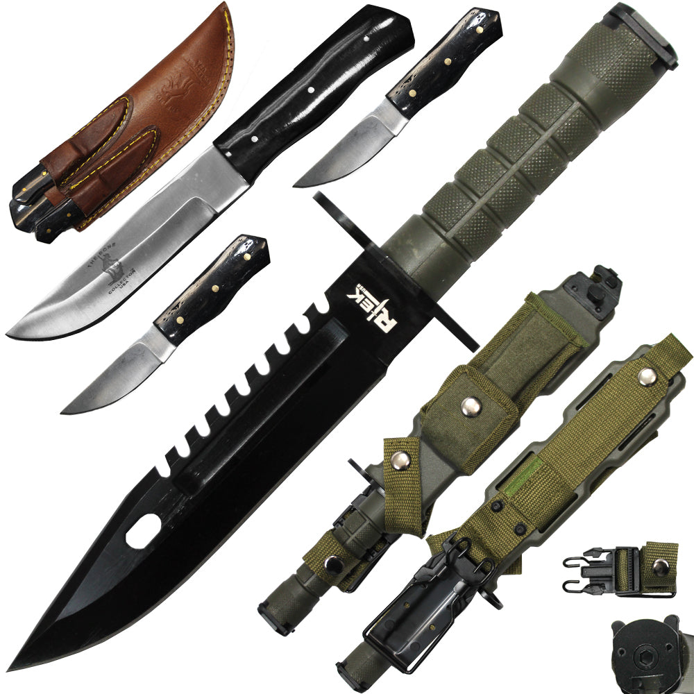 Rtek Hunting Knife Set, With Harden Plastic Sheath M-9 Military Style Saw Back K