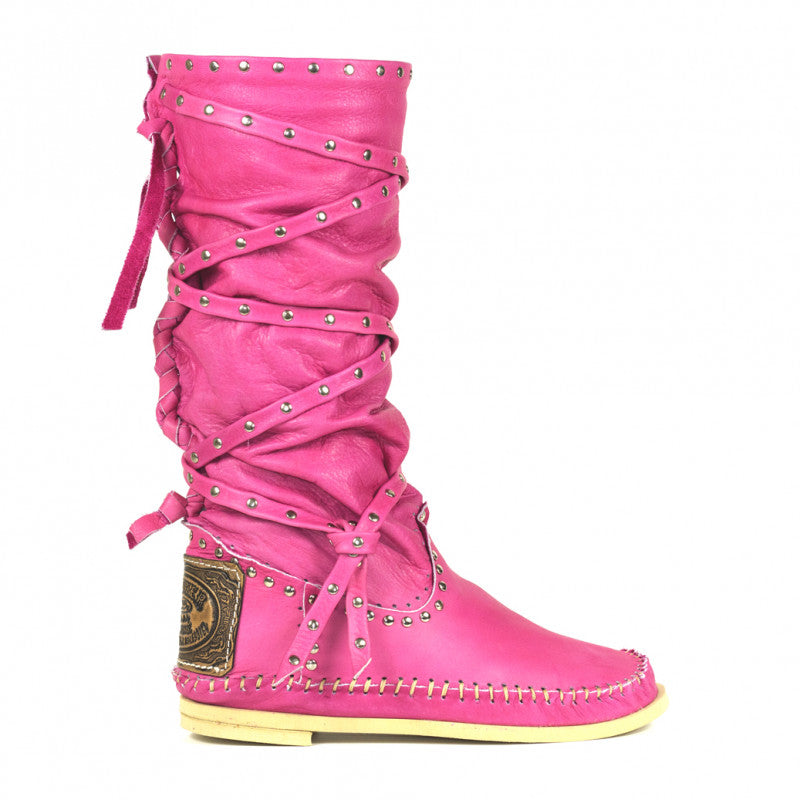 Moccasin Wrapped Studded Boots in Hot Pink