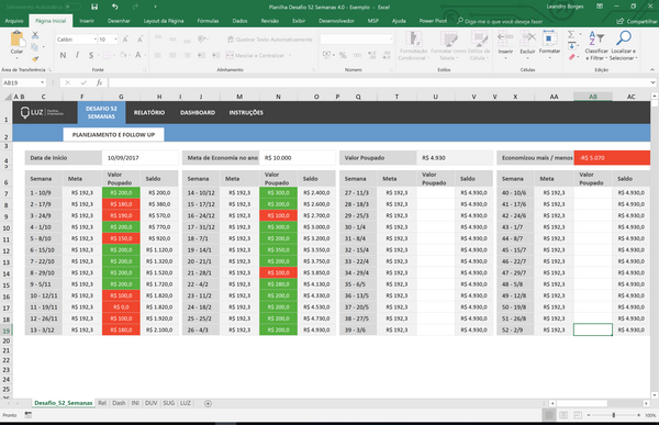 Planilha Desafio 52 Semanas em Excel 4.0