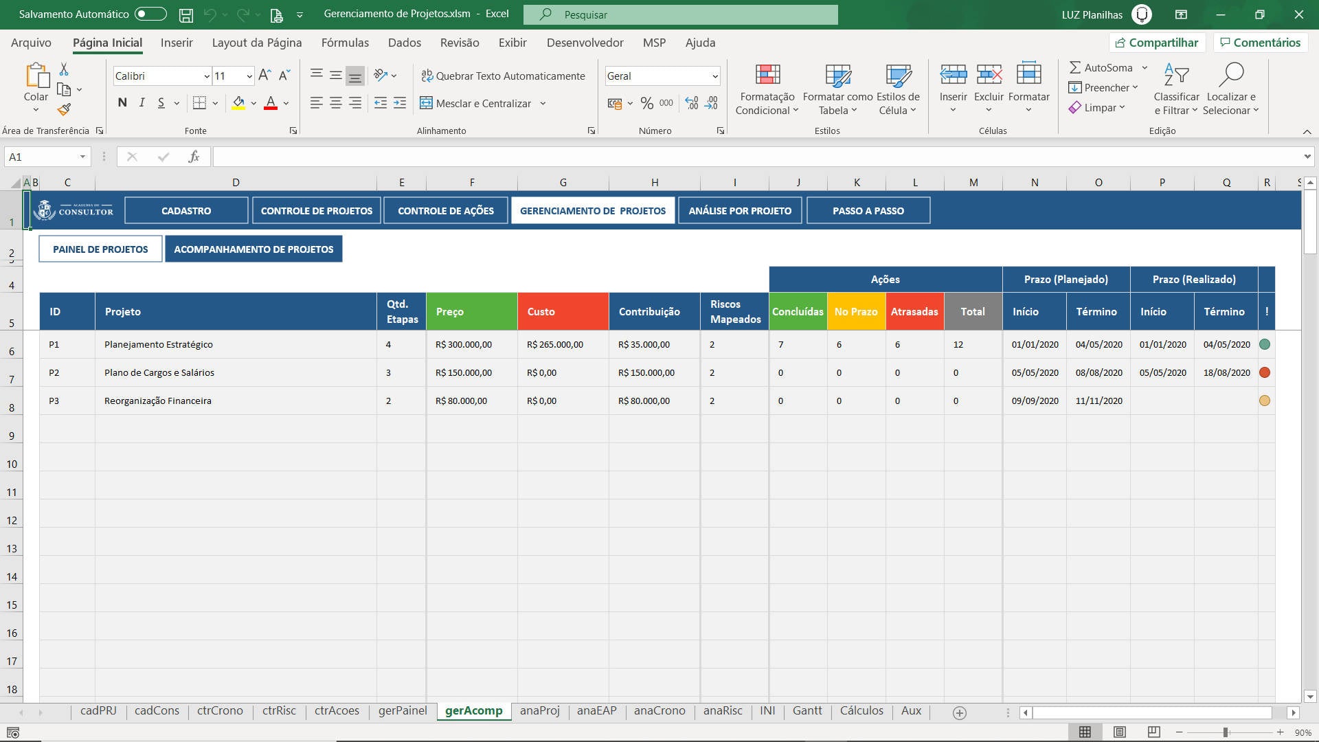 Planilhasvc Planilha De Gerenciamento De Múltiplos Projetos Em Excel Para Consultores 9915