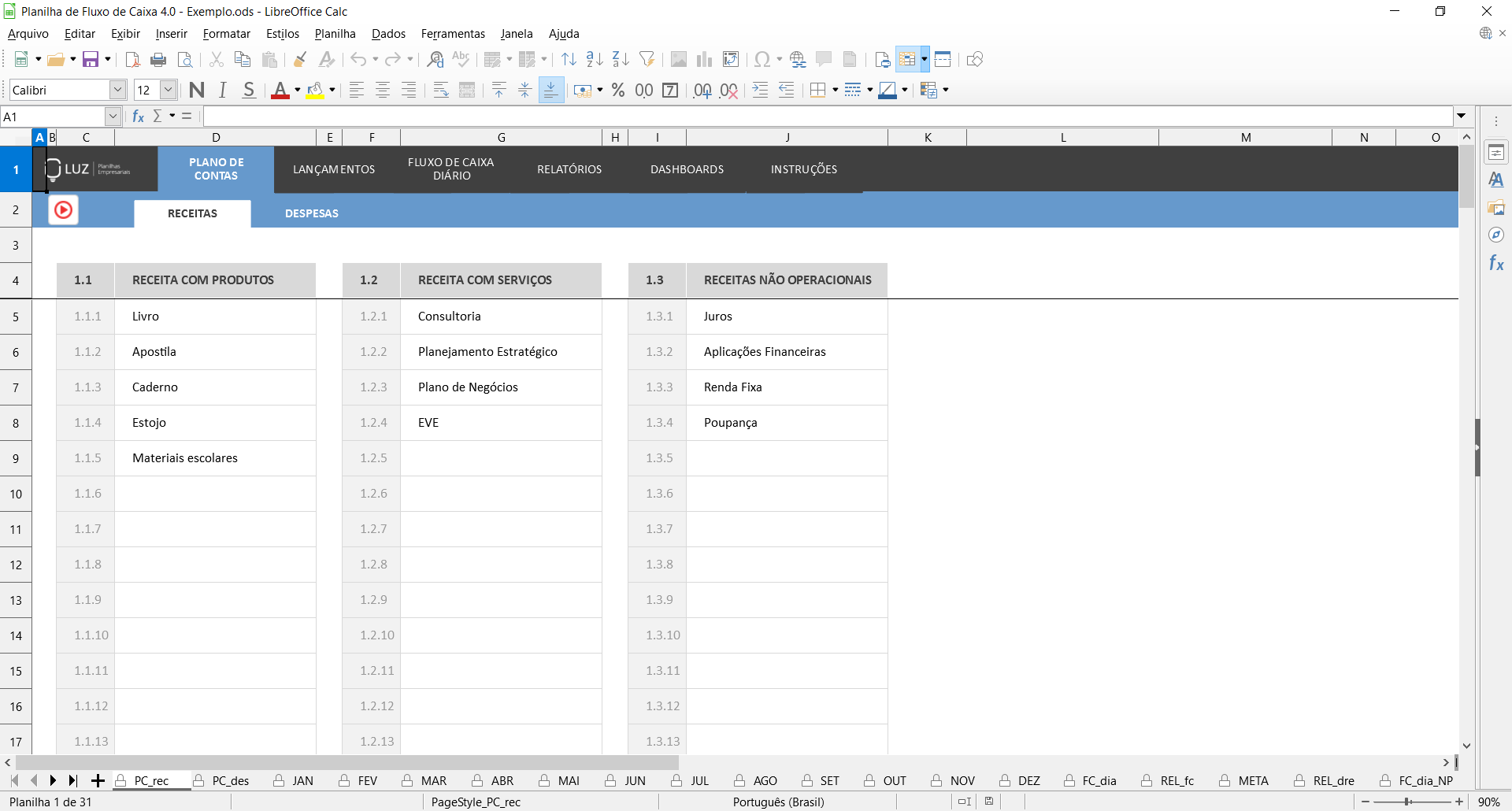 Planilha De Fluxo De Caixa Em Libreoffice Calc Planilhas Prontas 0299