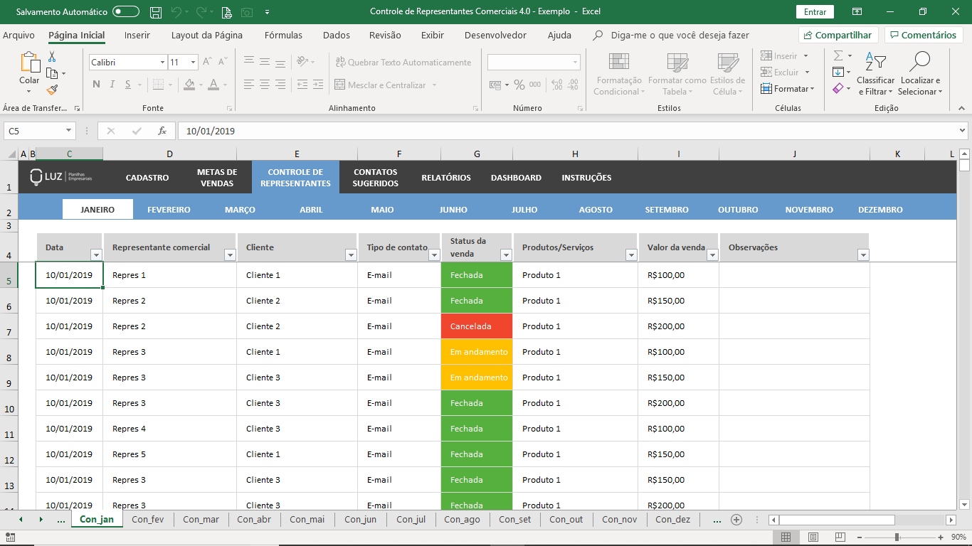 Planilha De Controle Para Representantes Comerciais Em Excel Planilhas Prontas 3601