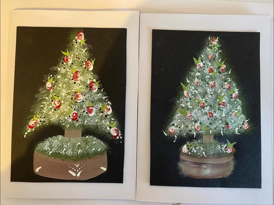 Handpainted Christmas trees using techniques from the You Can Folk It Beginner's Masterclass