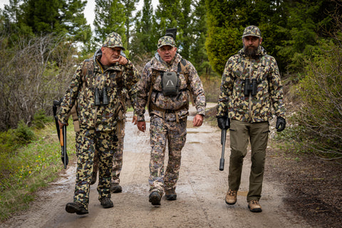 three men wearing FORLOH hunting gear on bear hunting trip