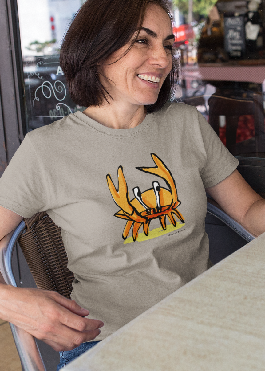 Crab T-shirt - Woman wearing a illustrated funny Angry Crab t-shirt design on desert dust colour vegan cotton t-shirts by Hector and Bone
